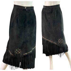 Patricia Wolf Black Suede Leather Southwestern Fringed Midi Skirt Handpainted 8